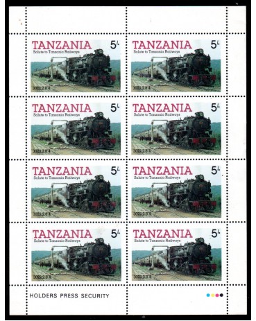 Locomotivas Tanzânia - Locomotivas Folha com 8 selos 37.131 Leve dobra na aba de baixo -  Novo com Goma