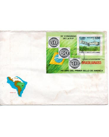 Cuba Brasiliana 83 Envelope FDC com bloco 37.764 manhas escuras