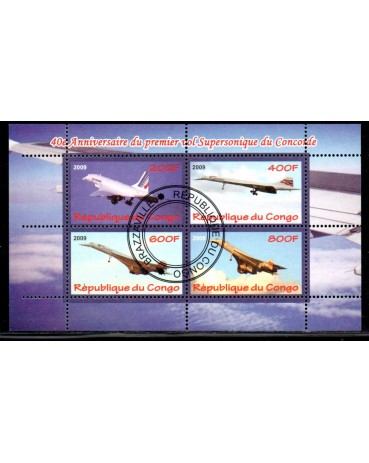 Aviação República do Congo, bloco com 4 selos carimbo CTO 37.835