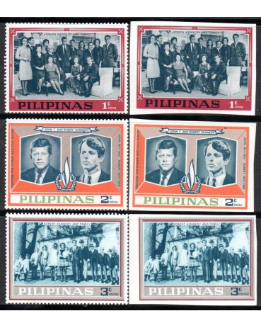 Filipinas 1968 Família Kennedy, 3 selos com picotes e 3 selos sem picotes 37.968 Mint