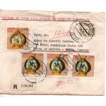 Envelope Circulado com 4 selos natalinos, registrado, tem um rasgo na parte superior 38.010