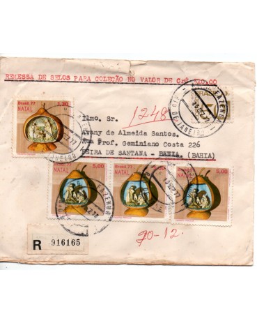 Envelope Circulado com 4 selos natalinos, registrado, tem um rasgo na parte superior 38.010