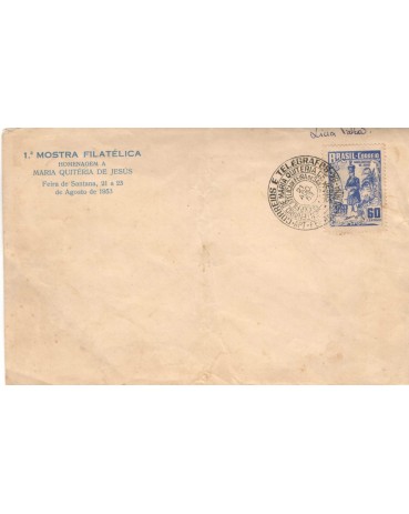 1953 ENVELOPE RARO, 1ª MOSTRA FILATÉLICA EM FEIRA DE SANTANA-BA, HOMENAGEM Á MARIA QUITÉRIA  21/08/53, CONTÉM UMA LEVE DOBRA, NO VERSO INFORMAÇÕES SOBRE A CIDADE 7228